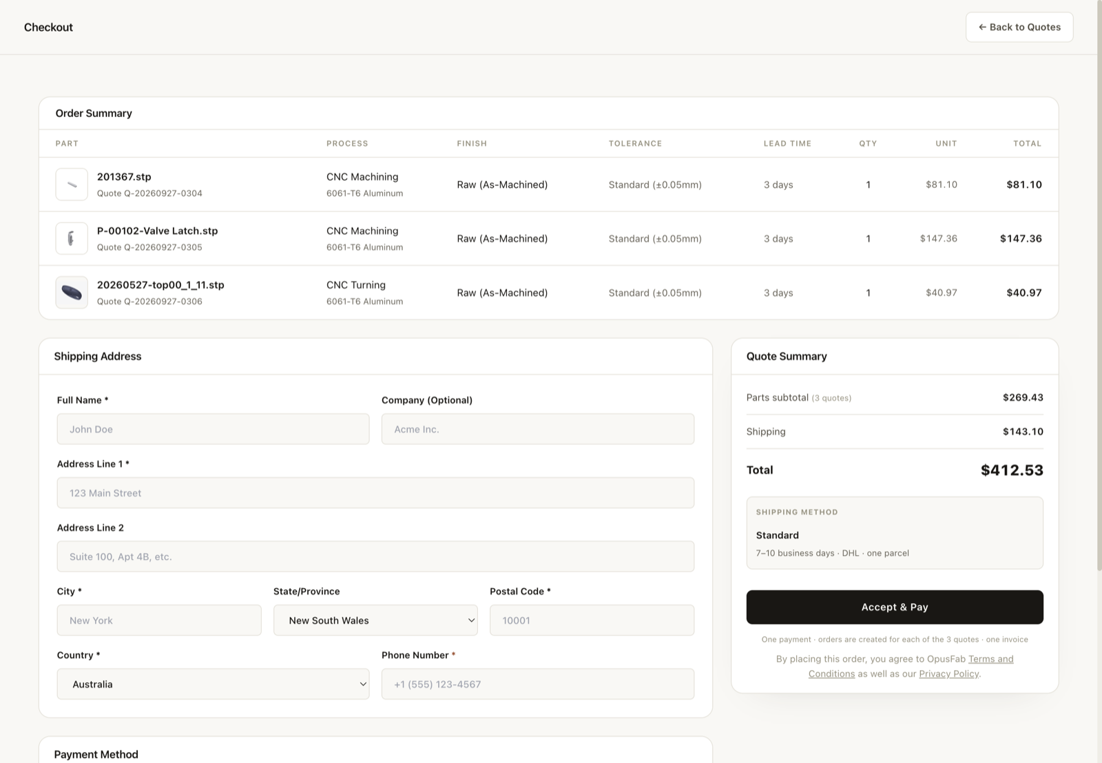 The checkout page with the order summary, shipping address form and quote summary with the Accept and Pay button