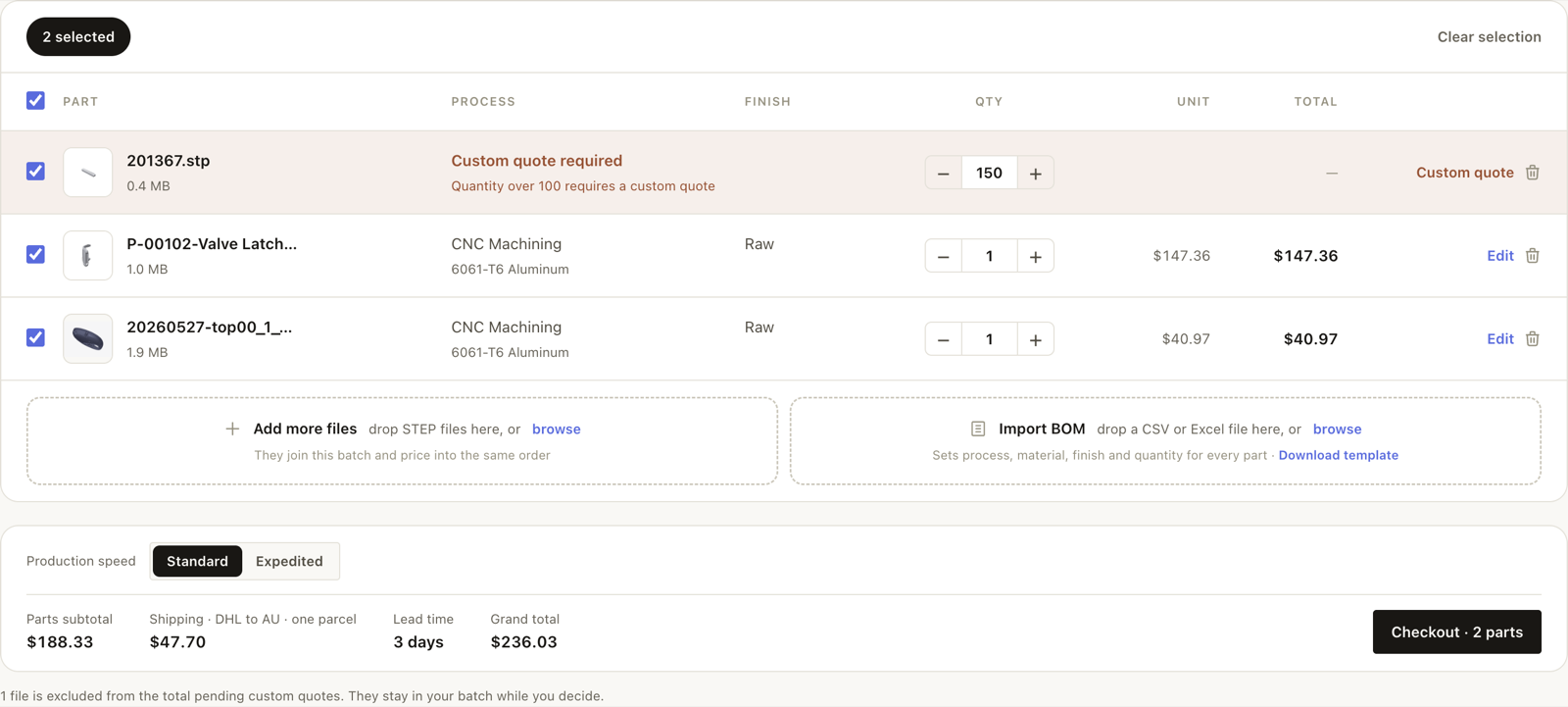 A part with quantity over 100 showing the Custom quote required state and the Custom quote request button