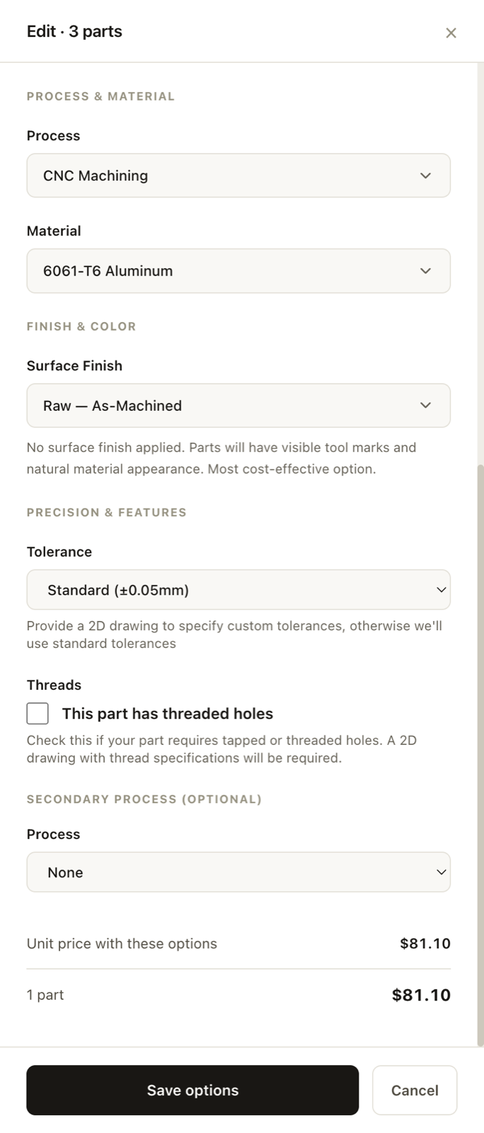 The Edit drawer for a part, with process, material, surface finish, tolerance, threads and quantity options