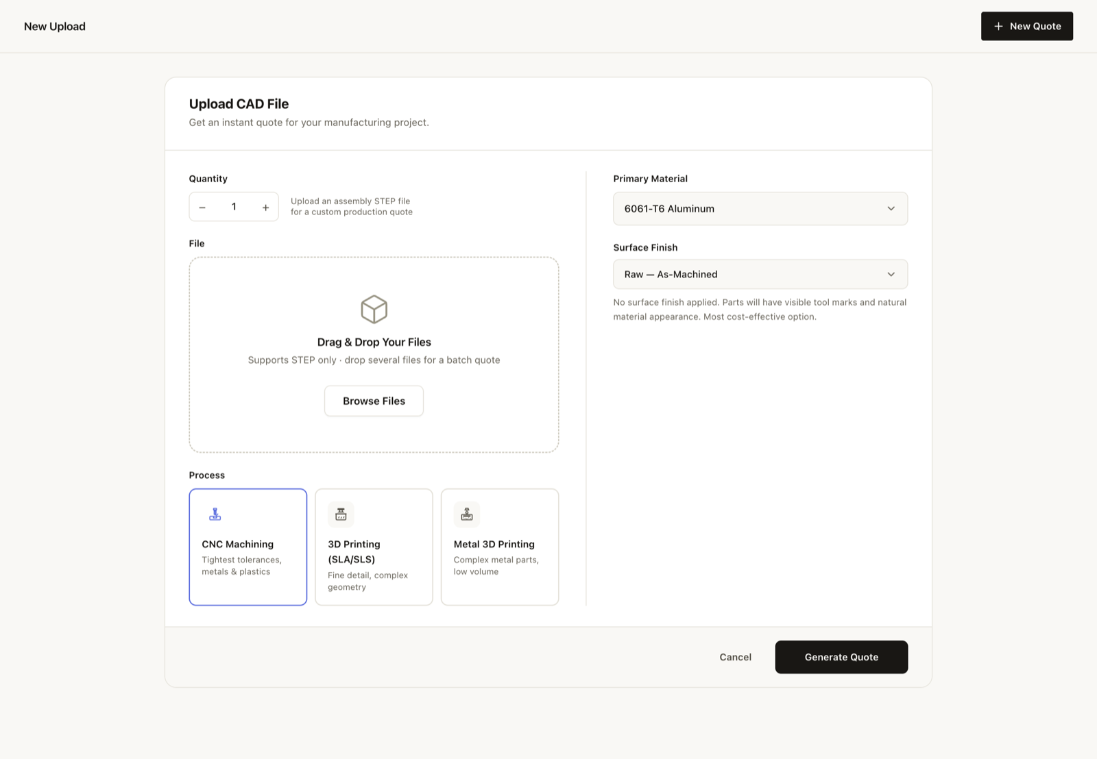 The OpusFab upload screen: dropzone for STEP files with quantity, process, material and surface finish options